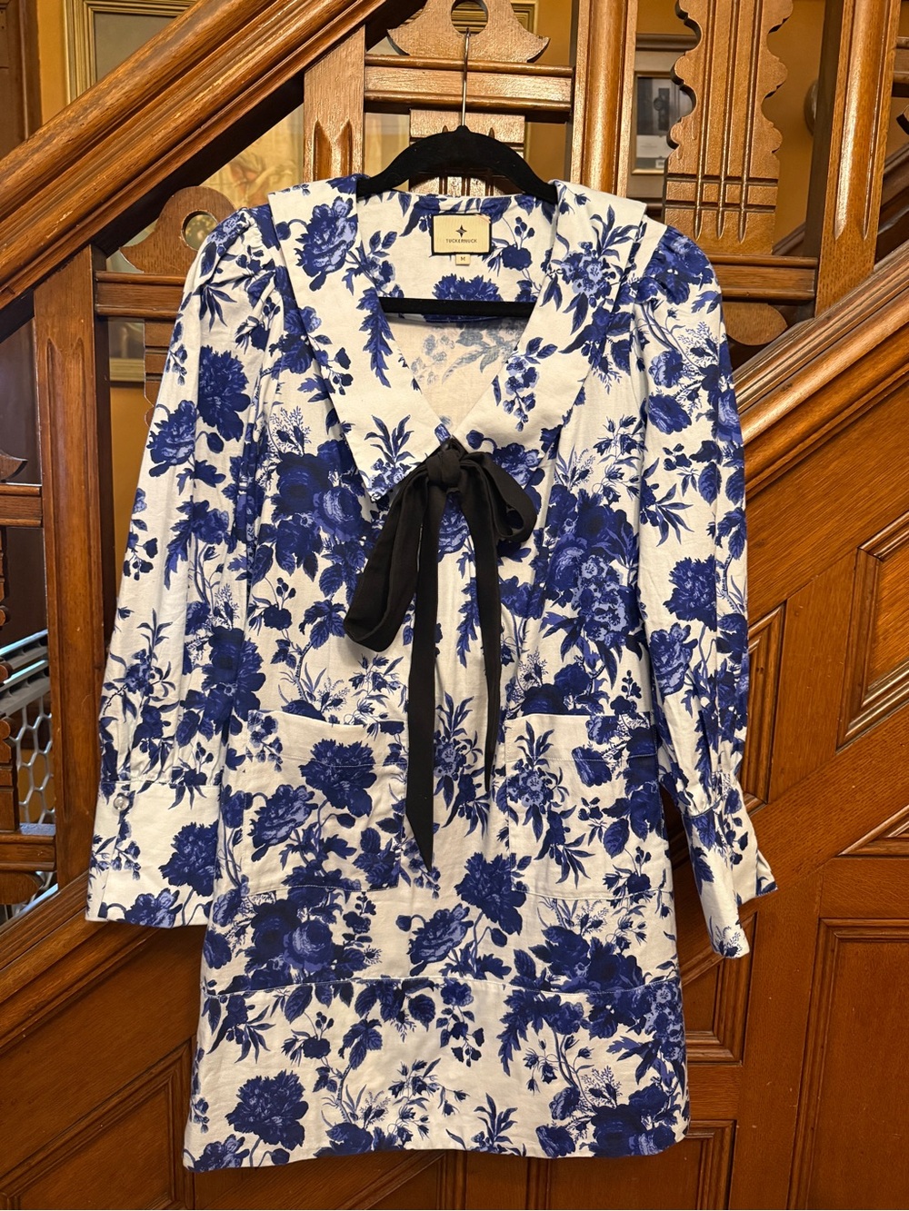 Tuckernuck Blue and White Floral Dress with Black Bow